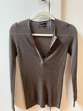 Tom Ford Taupe-Brown Ribbed Snap-Front Long Sleeve Top